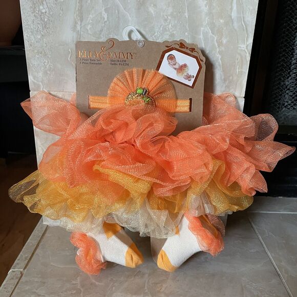 ELLY & EMMY 3 PIECE Baby Costume Pumpkin Fall TUTU SET SIZE 0 TO 12 MN NEW NWT - Picture 10 of 12